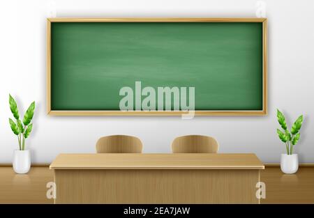 Classroom with green blackboard on wall and wooden teacher table with chairs. Empty chalkboard background for presentation, online conference or live stream, back to school Realistic 3d vector concept Stock Vector