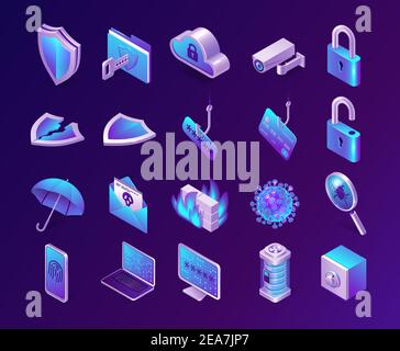 Computer security isometric icons set. Phishing, safe, database server and firewall, spam letter, shield, umbrella and lock, fingerprint or cloud computing technology service, isolated 3d vector signs Stock Vector