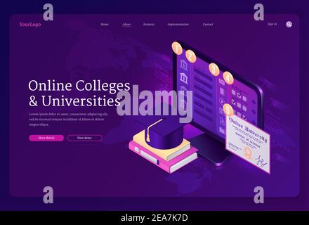 Online colleges and universities banner. Digital service for internet learning, distance study. Vector landing page of academic elearning with isometric computer, certificate, books and graduation cap Stock Vector