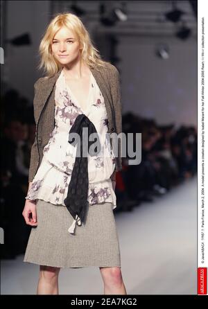 © Java/ABACA. 56657-3. Paris-France, March 2, 2004. A model presents a creation designed by Isabel Marant for her Fall-Winter 2004-2005 Ready-to-Wear collection presentation. Stock Photo