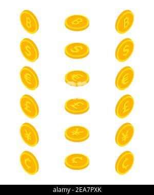 Set of coin icons. Coin dollar, euro, yuan, bitcoin, cent and centavo, pound sterling. Currency symbols in isometric 3d style. Vector illustration. Stock Vector