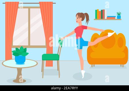 The girl is engaged in sports at home. Vector, a woman does stretching. Exercise and sports quarantined, isolation in a pandemic. Flat illustration, c Stock Vector