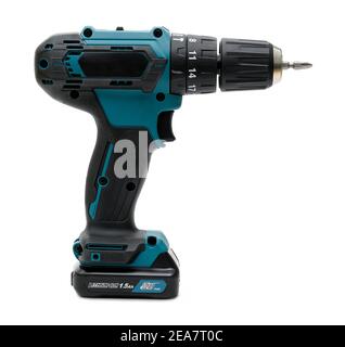 modern powerful cordless screwdriver on white background Stock Photo