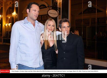 Vince Vaughn, Christine Taylor and Ben Stiller attend the 2004 ShoWest at the Paris Hotel and Casino. Las Vegas, March 25, 2004. Photo by Lionel Hahn/ABACA. Stock Photo
