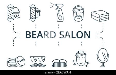 Beard Salon icon set. Collection contain pack of pixel perfect creative icons. Beard Salon elements set. Stock Vector