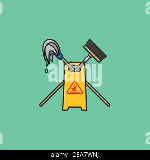 Wet floor sign with crossed mop and broom vector illustration for Custodial Worker Day on October 2. Professional cleaning equipment symbol. Stock Vector