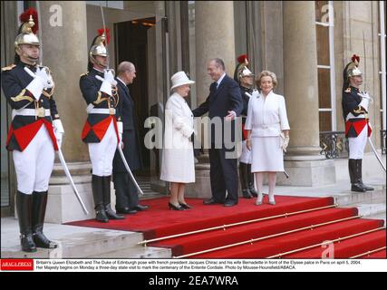 Britain's Queen Elizabeth II and The Duke of Edinburgh pose with french president Jacques Chirac and his wife Bernadette in front of the Elysee palace in Paris on april 5, 2004. Her Majesty begins on Monday a three-day state visit to mark the centenary of the Entente Cordiale. Photo by Mousse-Hounsfield/ABACA. Stock Photo