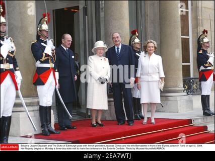 Britain's Queen Elizabeth II and The Duke of Edinburgh pose with french president Jacques Chirac and his wife Bernadette in front of the Elysee palace in Paris on april 5, 2004. Her Majesty begins on Monday a three-day state visit to mark the centenary of the Entente Cordiale. Photo by Mousse-Hounsfield/ABACA. Stock Photo