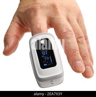 measuring oxygen saturation in blood by attaching  pulse oximeter to fingertip to see if  having  pneumonia due to the new coronavirus. Stock Photo
