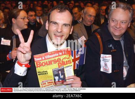 General meeting of Eurotunnel shareholders in Villepinte-France on April 7, 2004. Photo by Giancarlo Gorassini/ABACA. Pictured : Nicolas Miguet, shareholder representative of the protesting Eurotunnel small Shareholders. Stock Photo