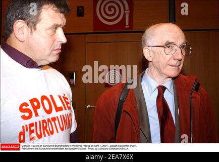 General meeting of Eurotunnel shareholders in Villepinte-France on April 7, 2004. Photo by Giancarlo Gorassini/ABACA. Pictured : Joseph Gouranton (right), President of the Eurotunnel shareholder association Adacte. Stock Photo