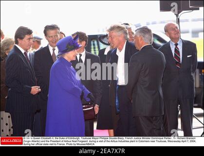 Britain's Queen Elizabeth II, the Duke of Edinburgh, Toulouse Mayor Philippe Douste-Blazy, French Justice Minister Dominique Perben, Sir Richard Branson (Virgin Atlantic) and the President of Airbus Noel Forgeard during a visit of the Airbus Industries plant in Colomiers near Toulouse, Wednesday April 7, 2004, during her official state visit to France. Photo by Mousse/ABACA. Stock Photo