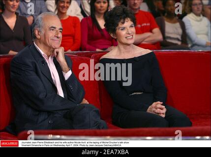 Journalist Jean-Pierre Elkabbach and his wife author Nicole Avril. at the taping of Michel Drucker's talk show Vivement Dimanche in Paris on Wednesday April 7, 2004. Photo by Jean-Jacques Datchary/ABACA. Stock Photo