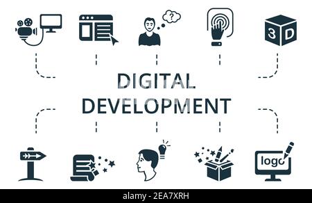 Digital Development icon set. Collection contain pack of pixel perfect creative icons. Digital Development elements set. Stock Vector