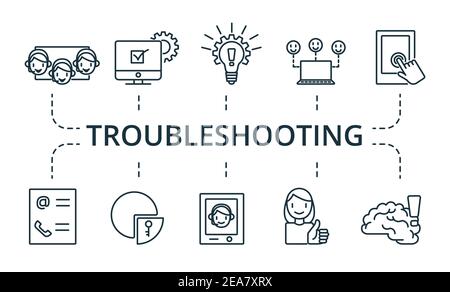 Troubleshooting icon set. Collection contain pack of pixel perfect creative icons. Troubleshooting elements set. Stock Vector