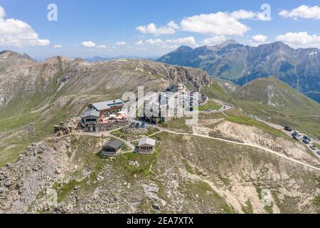 Grossglockner, Austria - Aug 8, 2020: Aerial panoramic view of Edelweissspitze view point in sunny summer