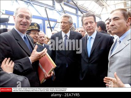 French interior minister Dominique de Villepin and justice minister Dominique Perben visit the Tribunal of Bobigny near Paris on April 22, 2004. Photo by Mousse/ABACA Stock Photo
