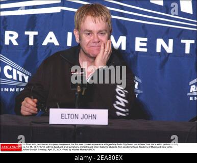 Sir Elton John, announced in a press conference, his first ever concert appearance at legendary Radio City Music Hall in New York. He is set to perform on July 13, 14, 15, 16, 17 & 18, with his band and a full symphony orchestra and choir, featuring students from London's Royal Academy of Music and New york's Julliard School. Tuesday, April 27, 2004. Photo by Nicolas Khayat/ABACA. Stock Photo