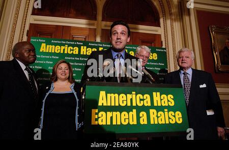 Actor Ben Affleck speaks at a news conference on Capitol Hill Thursday, April 29, 2004, in support of increasing the minimum wage from $5.15 to $7.00 per hour. Behind Affleck are Rep. George Miller, D-Calif., left, and Sen. Edward Kennedy, D-Mass. (Pictured: Ben Affleck, George Miller, Edward Kennedy) Photo by Olivier Douliery/ABACA Stock Photo