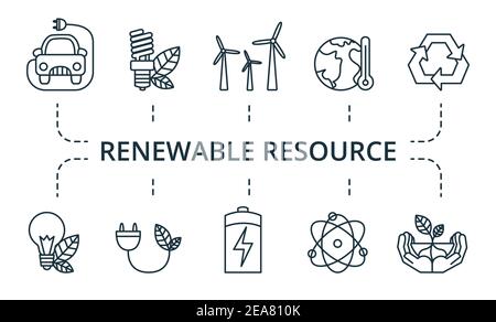 Renewable Resource icon set. Collection contain pack of pixel perfect creative icons. Renewable Resource elements set. Stock Vector