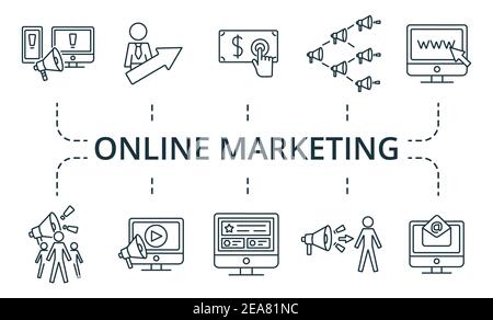 Online Marketing icon set. Collection contain pack of pixel perfect creative icons. Online Marketing elements set. Stock Vector