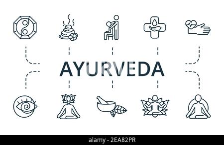 Ayurveda icon set. Collection contain alternative, homeopathy, hypnosis, acupuncture, chiropractic, tai, chi and over icons. Ayurveda elements set. Stock Vector