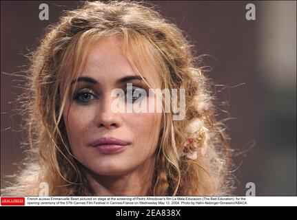 French actress Emmanuelle Beart pictured on stage at the screening of Pedro Almodovar's film La Mala Educacion (The Bad Education) for the opening ceremony of the 57th Cannes Film Festival in Cannes-France on Wednesday May 12, 2004. Photo by Hahn-Nebinger-Gorassini/ABACA. Stock Photo