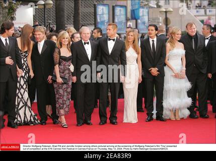 Director Wolfgang Petersen, Brad Pitt and Jennifer Aniston among others pictured arriving at the screening of Wolfgang Petersen's film 'Troy' presented out of competition at the 57th Cannes Film Festival in Cannes-France on Thursday, May 13, 2004. Photo by Hahn-Nebinger-Gorassini/ABACA. Stock Photo