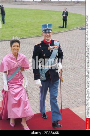 Prince Joachim of Denmark and Princess Alexandra arrive at the wedding banquet of the Danish Crown Prince Frederik with Mary Elisabeth Donaldson at Fredensborg Palace in Copenhagen on friday, May 14, 2004. Photo by Hounsfield-Klein-Zabulon/ABACA Stock Photo