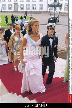 Crown Princess Victoria of Sweden with Princess Madeleine and Prince Carl Philip arrive at the banquet of the Danish Crown Prince Frederik with Mary Elisabeth Donaldson at Fredensborg Palace in Copenhagen on friday, May 14, 2004.Photo by Hounsfield-Klein-Zabulon/ABACA Stock Photo