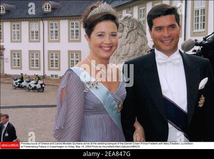 PrincessAlexia of Greece and Carlos Morales Quintana arrive at the wedding banquet of the Danish Crown Prince Frederik with Mary Elisabeth Donaldson at Fredensborg Palace in Copenhagen on friday, May 14, 2004.Photo by Hounsfield-Klein-Zabulon/ABACA Stock Photo