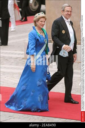 King Constantine II of Greece and Queen Anne-Marie arrive at the Our Lady's Cathedral of Copenhagen for the wedding of Crown Prince Frederik of Denmark and Australian commoner Mary Elisabeth Donaldson on Friday, May 14, 2004. Photo by Hounsfield-Klein-Zabulon/ABACA Stock Photo
