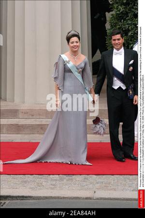 Princess Alexia of Greece and her husband Carlos Morales Quintana arrive at the Our Lady's Cathedral of Copenhagen for the wedding of Crown Prince Frederik of Denmark and Australian commoner Mary Elisabeth Donaldson on Friday, May 14, 2004. Photo by Hounsfield-Klein-Zabulon/ABACA Stock Photo