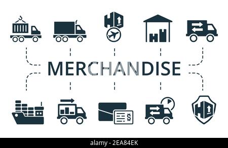Merchandise icon set. Collection contain pack of pixel perfect creative icons. Merchandise elements set. Stock Vector