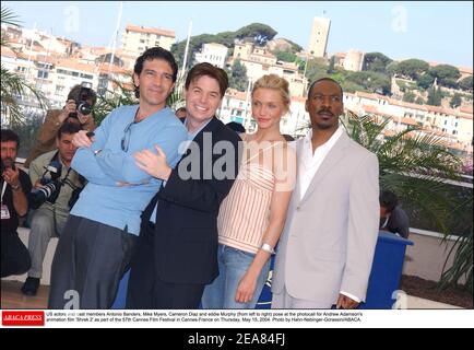 US actors and cast members Antonio Banders, Mike Myers, Cameron Diaz and eddie Murphy (from left to right) pose at the photocall for Andrew Adamson's animation film 'Shrek 2' as part of the 57th Cannes Film Festival in Cannes-France on Thursday, May 15, 2004. Photo by Hahn-Nebinger-Gorassini/ABACA. Stock Photo