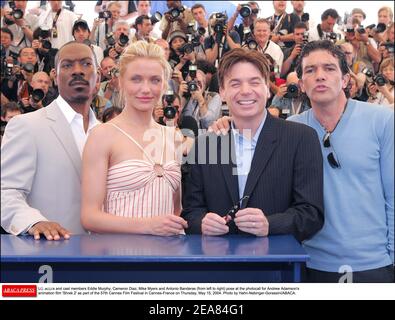 US actors and cast members Eddie Murphy, Cameron Diaz, Mike Myers and Antonio Banderas (from left to right) pose at the photocall for Andrew Adamson's animation film 'Shrek 2' as part of the 57th Cannes Film Festival in Cannes-France on Thursday, May 15, 2004. Photo by Hahn-Nebinger-Gorassini/ABACA. Stock Photo