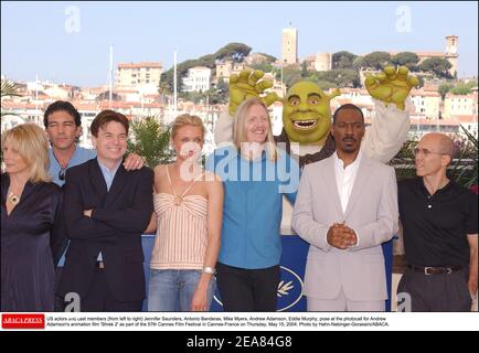 US actors and cast members (from left to right) Jennifer Saunders, Antonio Banderas, Mike Myers, Cameron Diaz, Andrew Adamson, Eddie Murphy, pose at the photocall for Andrew Adamson's animation film 'Shrek 2' as part of the 57th Cannes Film Festival in Cannes-France on Thursday, May 15, 2004. Photo by Hahn-Nebinger-Gorassini/ABACA. Stock Photo