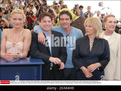 US actors and cast members Cameron Diaz, Mike Myers, Antonio Banderas, Jennifer Saunders and UK actress Julie Andrews (from left to right) pose at the photocall for Andrew Adamson's animation film 'Shrek 2' as part of the 57th Cannes Film Festival in Cannes-France on Thursday, May 15, 2004. Photo by Hahn-Nebinger-Gorassini/ABACA. Stock Photo
