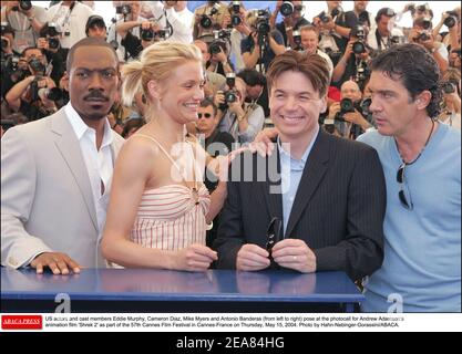US actors and cast members Eddie Murphy, Cameron Diaz, Mike Myers and Antonio Banderas (from left to right) pose at the photocall for Andrew Adamson's animation film 'Shrek 2' as part of the 57th Cannes Film Festival in Cannes-France on Thursday, May 15, 2004. Photo by Hahn-Nebinger-Gorassini/ABACA. Stock Photo