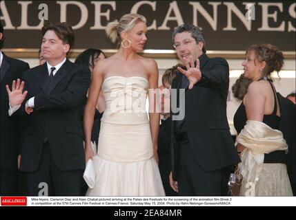 Mike Myers, Cameron Diaz and Alain Chabat pictured arriving at the Palais des Festivals for the screening of the animation film Shrek 2 in competition at the 57th Cannes Film Festival in Cannes-France, Saturday May 15, 2004. Photo by Hahn-Nebinger-Gorassini/ABACA Stock Photo