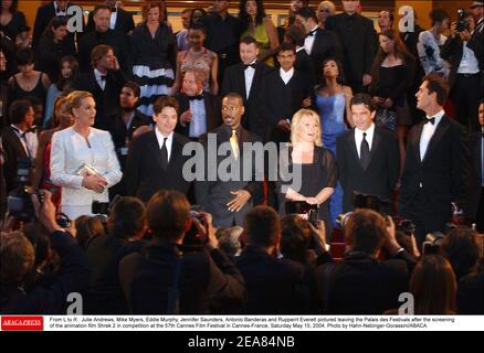 From L to R : Julie Andrews, Mike Myers, Eddie Murphy, Jennifer Saunders, Antonio Banderas and Rupperrt Everett pictured leaving the Palais des Festivals after the screening of the animation film Shrek 2 in competition at the 57th Cannes Film Festival in Cannes-France, Saturday May 15, 2004. Photo by Hahn-Nebinger-Gorassini/ABACA Stock Photo