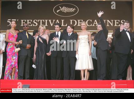 From L to R : Eddie Murphy and his wife Nicole, Melanie Griffith, Antonio Banderas, Mike Myers, Cameron Diaz, Alain Chabat and Michael Moore pictured arriving at the Palais des Festivals for the screening of the animation film Shrek 2 in competition at the 57th Cannes Film Festival in Cannes-France, Saturday May 15, 2004. Photo by Hahn-Nebinger-Gorassini/ABACA Stock Photo