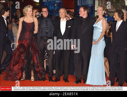 From L to R : Daryl Hannah, Michael Madsen, David Carradine, Quentin Tarantino and Uma Thurman pictured arriving at Le Palais des Festivals for the screening of Quentin Tarantino's Kill Bill Vol 2 presented out of competition at the 57th Cannes Film Festival in Cannes-France, Sunday May 16, 2004. Photo by Hahn-Nebinger-Gorassini/ABACA. Stock Photo