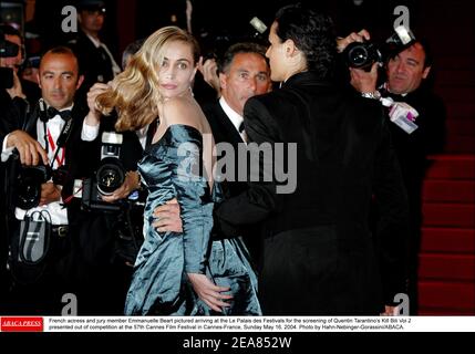 French actress and jury member Emmanuelle Beart pictured arriving at the Le Palais des Festivals for the screening of Quentin Tarantino's Kill Bill Vol 2 presented out of competition at the 57th Cannes Film Festival in Cannes-France, Sunday May 16, 2004. Photo by Hahn-Nebinger-Gorassini/ABACA. Stock Photo