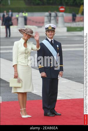 Princess Madeleine of Sweden and Prince Carl Philip of Sweden arrives at the Cathedral of Santa Maria la Real de la Almudena in Madrid-Spain on Saturday May 22, 2004 for the wedding ceremony of Crown Prince Felipe of Spain and Letizia Ortiz. Photo by Abd Rabbo-Hounsfield-Klein-Mousse-Zabulon/ABACA. Stock Photo