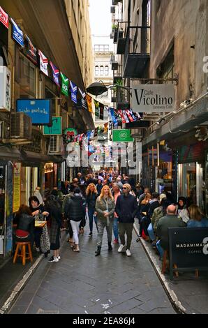 Melbourne, VIC, Australia - November 05, 2017: Unidentified people, restaurants and cafe's in Centreway Arcade Stock Photo