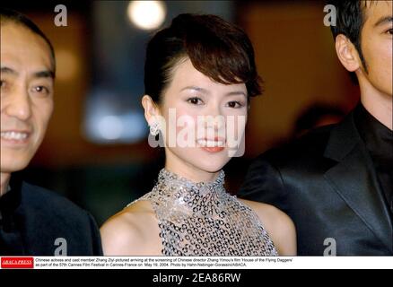 Chinese actress and cast member Zhang Ziyi pictured arriving at the screening of Chinese director Zhang Yimou's film 'House of the Flying Daggers' as part of the 57th Cannes Film Festival in Cannes-France on May 19, 2004. Photo by Hahn-Nebinger-Gorassini/ABACA. Stock Photo