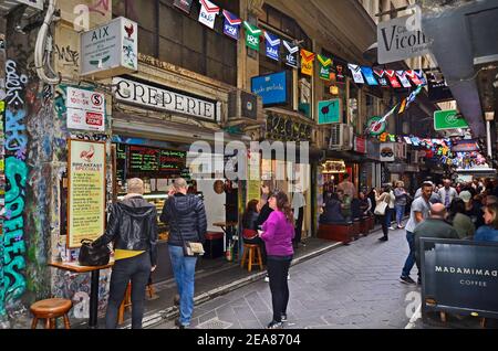 Melbourne, VIC, Australia - November 05, 2017: Unidentified people and shops in narrow Centreway arcade Stock Photo