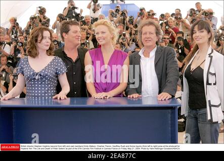 British director Stephen Hopkins (second from left) and cast members Emily Watson, Charlize Theron, Geoffrey Rush and Sonia Aquino (from left to right) pose at the photocall for Hopkins' film 'The Life and Death of Peter Sellers' as part of the 57th Cannes Film Festival in Cannes-France on Friday, May 21, 2004. Photo by Hahn-Nebinger-Gorassini/ABACA. Stock Photo
