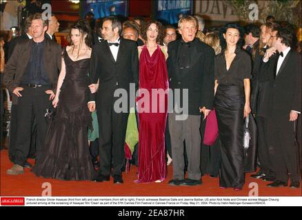 French director Olivier Assayas (third from left) and cast members (from left to right), French actresses Beatrice Dalle and Jeanne Balibar, US actor Nick Nolte and Chinese actress Maggie Cheung pictured arriving at the screening of Assayas' film 'Clean' as part of the 57th Cannes Film Festival in Cannes-France on Friday, May 21, 2004. Photo by Hahn-Nebinger-Gorassini/ABACA. Stock Photo